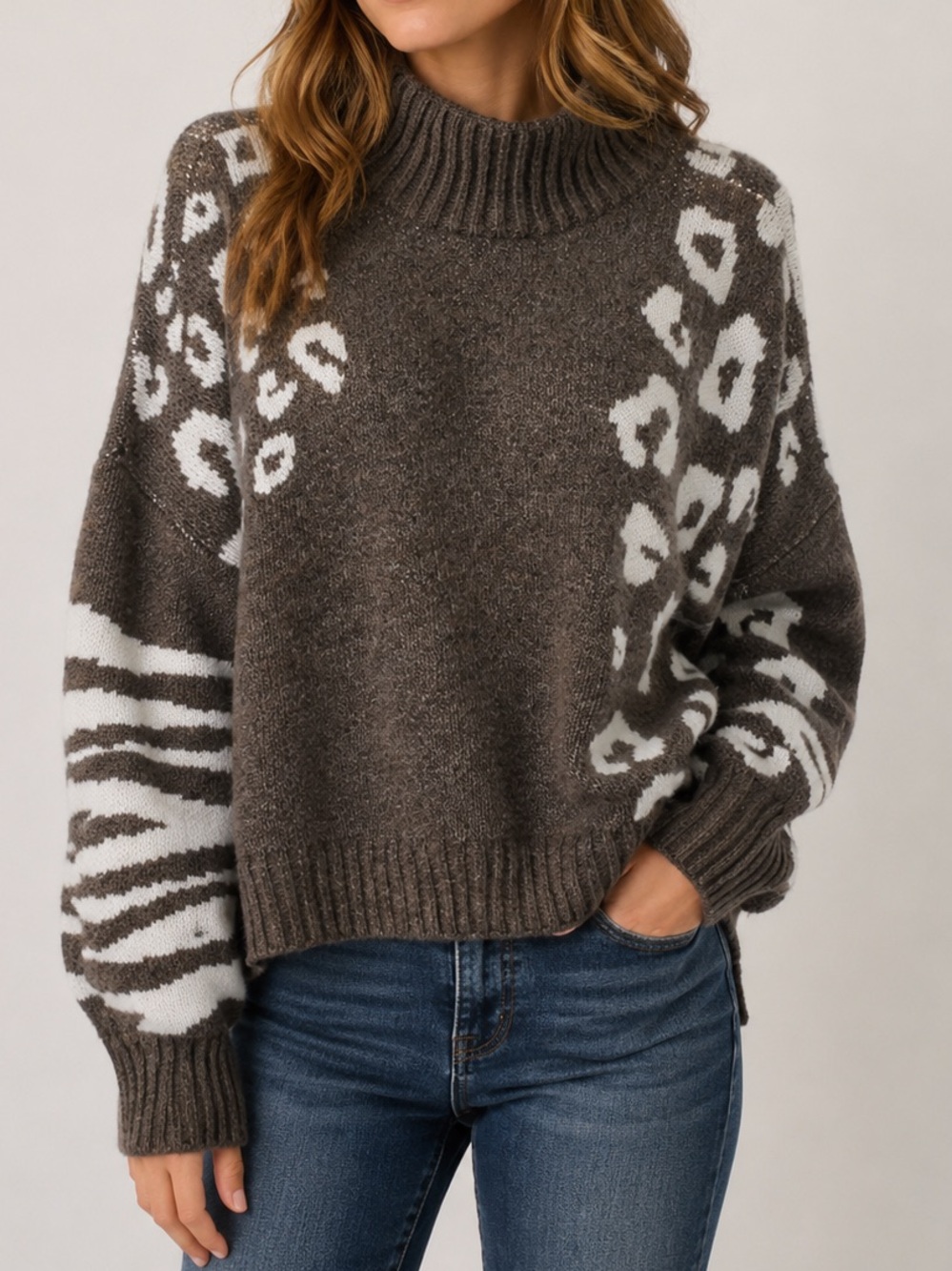 NWT Nine West Animal Print Mock Neck knitted Sweater Size XXL